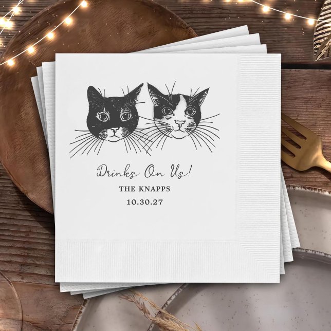 Servilleta De Papel Drinks On Us Custom Cat Drawn Wedding (Subido por el creador)