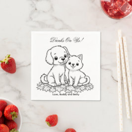 Servilleta De Papel Drinks On Us Simple Drawing Cute Dog & Cat Wedding