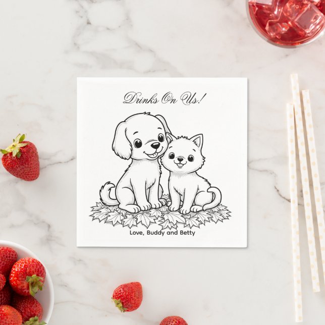 Servilleta De Papel Drinks On Us Simple Drawing Cute Dog & Cat Wedding (In situ)