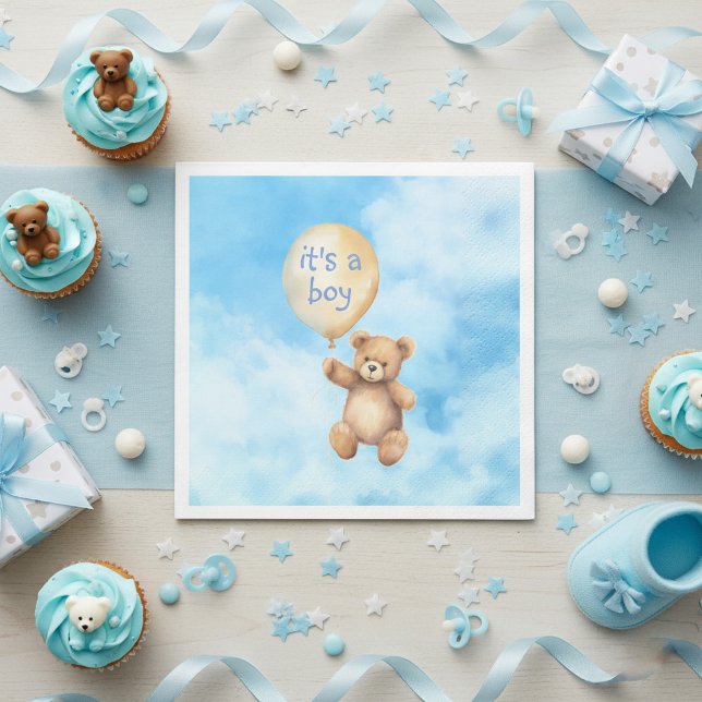 Servilleta De Papel Ducha con globo flotante de oso de peluche (Cute teddy bear floating balloon with message and fluffy clouds baby shower napkins.)