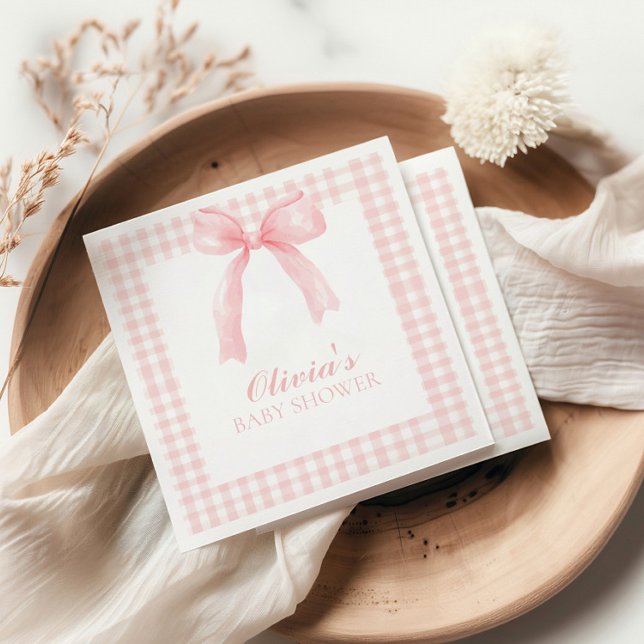 Servilleta De Papel Ducha de bebé con arco rosa y gingham preppy (Subido por el creador)