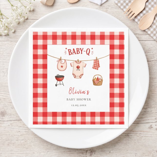 Servilleta De Papel Ducha de bebé con barbacoa de gingham rojo rústico (Bbq Baby Shower Rustic Red Gingham Napkins)