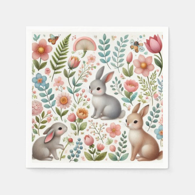 Servilleta De Papel Ducha de bebé conejitos y flores (Anverso)