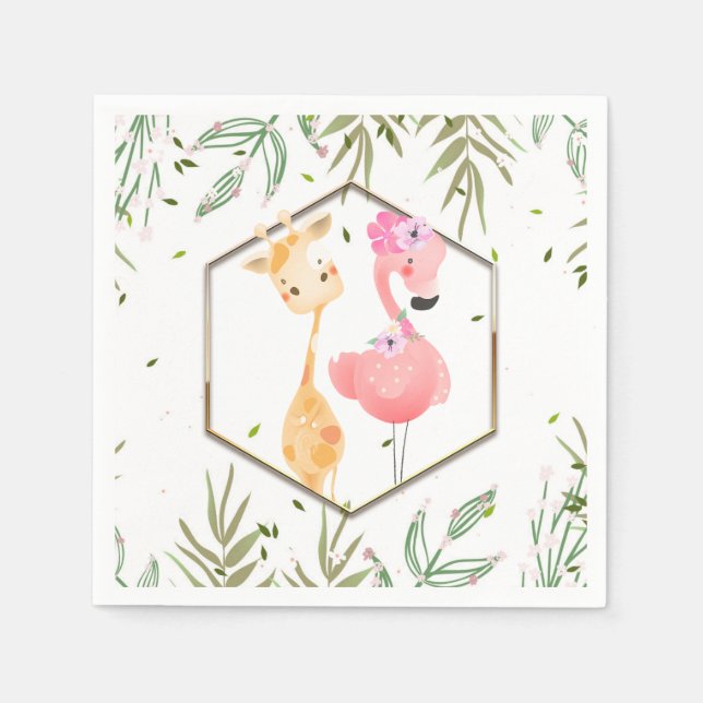 Servilleta De Papel Ducha de Bebé de Flamingo y Jirafa con Acuarela Tr (Anverso)