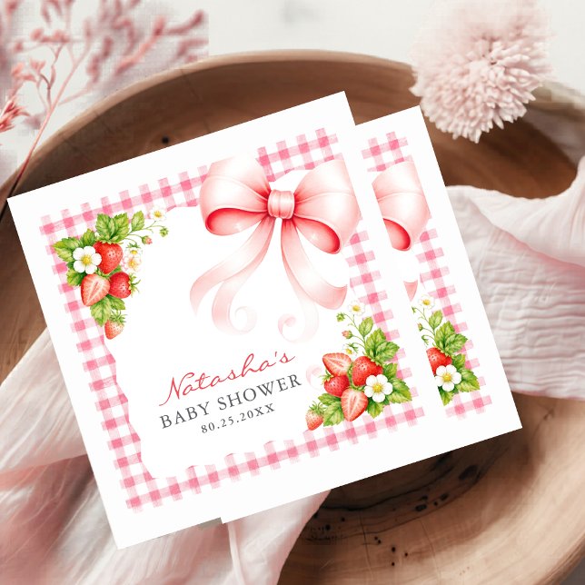 Servilleta De Papel Ducha de bebé de fresa con lazo de gingham rosa en (Subido por el creador)