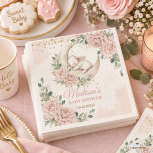 Servilleta De Papel Ducha de bebé floral conejito lunar rosa pálido