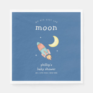 Servilleta De Papel Ducha de bebé minimalista azul sobre la luna cohet