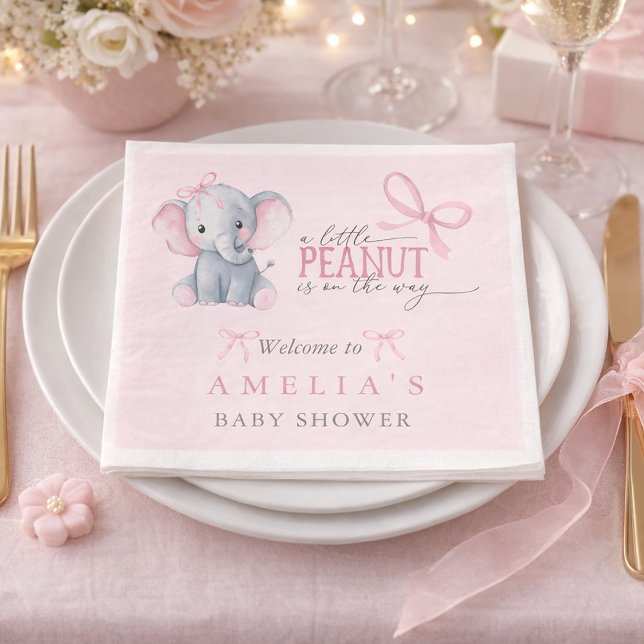 Servilleta De Papel Ducha de Bebé Niña Elefante con Lazo Rosa (Elephant Pink Bow Baby Girl Shower Napkins)