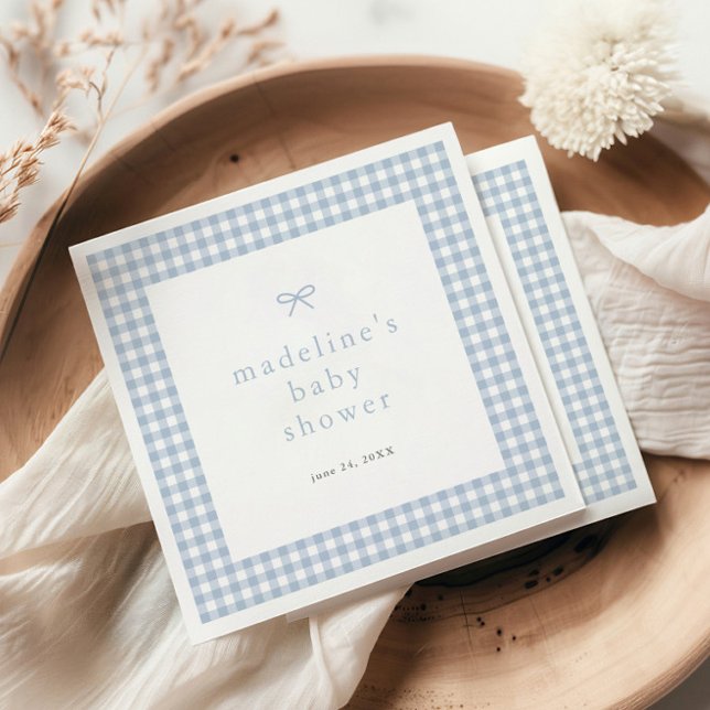 Servilleta De Papel Ducha de bebé niño azul polvoriento con lazo simpl (Dusty blue bow gingham boys baby shower napkins.)