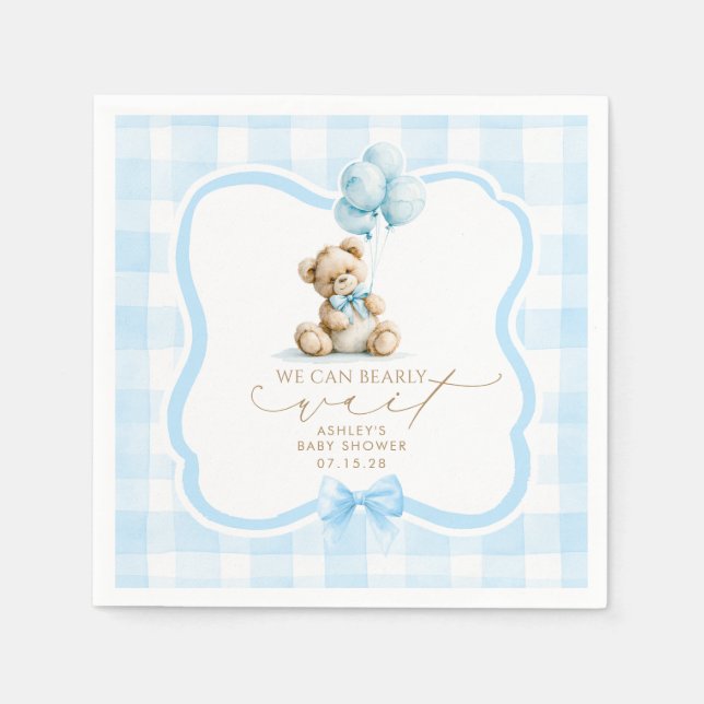 Servilleta De Papel Ducha de bebé niño con osito de gingham azul (Anverso)