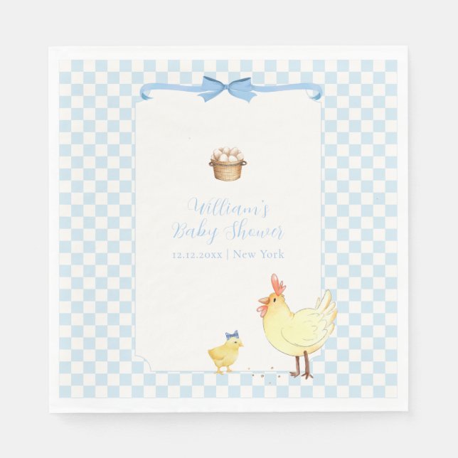 Servilleta De Papel Ducha de bebé Niño Pollito Preppy de Gingham Azul (Anverso)