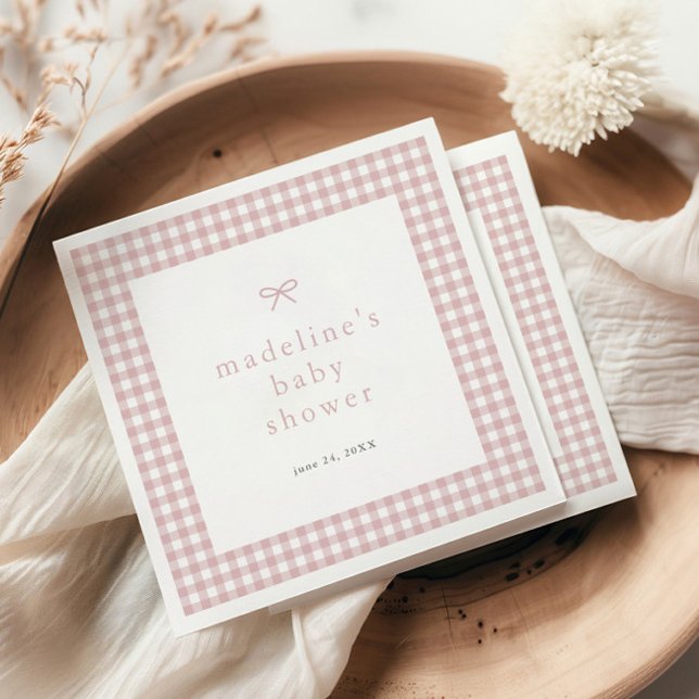 Servilleta De Papel Ducha de bebé para niñas rosa polvoriento con lazo (Dusty pink bow gingham girls baby shower napkins.)