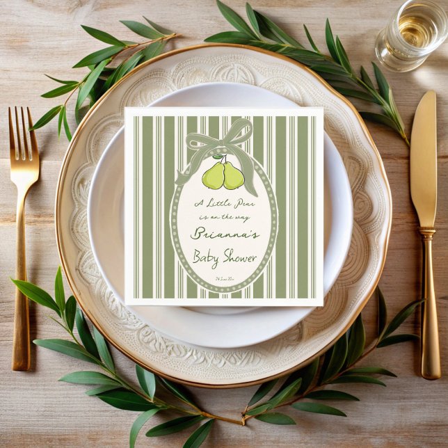 Servilleta De Papel Ducha de bebé personalizada con rayas retro verdes (Pear sage green retro stripes vintage baby shower custom napkins personalized decor )