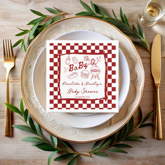 Servilleta De Papel Ducha de bebé q barbacoa rojo a cuadros (Baby q hand drawn red checks barbeque baby shower personalized printed napkins)