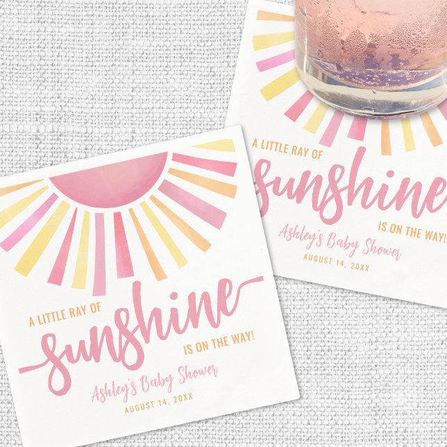 Servilleta De Papel Ducha de Bebé Sol Rosa (Pink Little Ray Of Sunshine Sun Baby Shower Napkins)