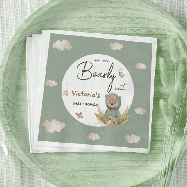 Servilleta De Papel Ducha de bebé verde neutral Boho Oso de peluche (Subido por el creador)