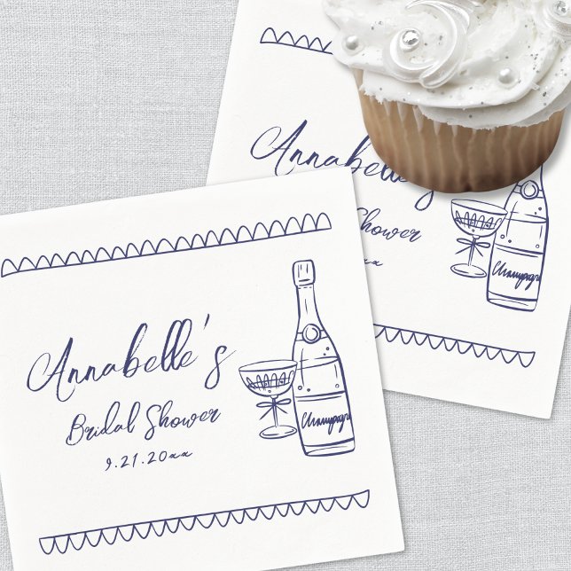Servilleta De Papel Ducha de Novia Azul Caprichosa Dibujada a Mano (Hand Drawn Whimsical Blue Bridal Shower Napkins)