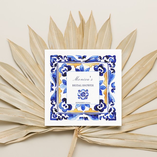 Servilleta De Papel Ducha de novia con azulejos azules italianos Amalf (Amalfi Vietri Italian blue tiles bridal shower tableware personalized Napkins Mediterranean themed)