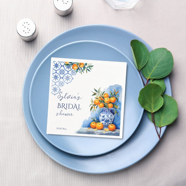 Servilleta De Papel Ducha de novia con cítricos de la chinoiserie azul (Talavera blue chinoiserie vase oranges citrus Spanish Hacienda summer bridal shower printed napkins)