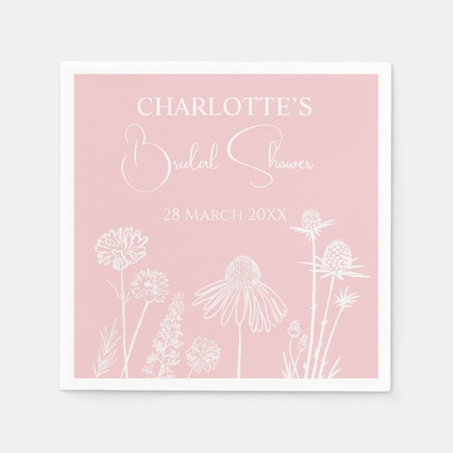 Servilleta De Papel Ducha de Novia con Flores Silvestres Rosadas Dibuj (Anverso)