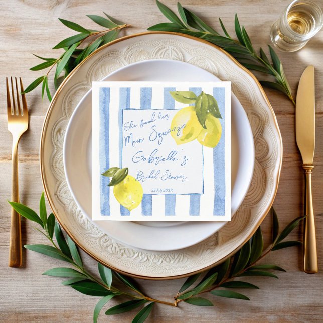 Servilleta De Papel Ducha de novia de rayas azules pesadas (Main squeeze blue stripes lemons Italian bridal shower monogrammed napkins personalized table decor)