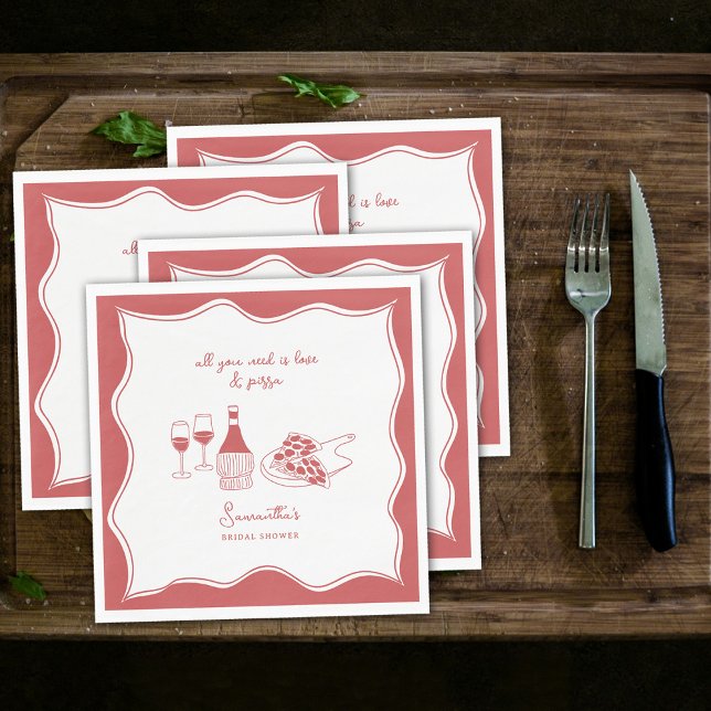 Servilleta De Papel Ducha de Novia de Vino de Pizza Italiana Dibujada  (Red Hand Drawn Italian Pizza Wine Bridal Shower Napkins)
