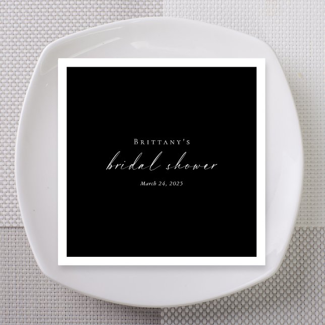 Servilleta De Papel Ducha de Novia en Blanco y Negro Script (Black White Script Bridal Shower Napkins with Name and Date)