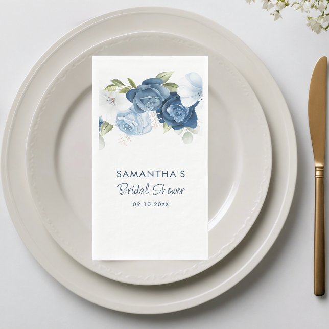Servilleta De Papel Ducha de Novia Floral Azul Polvo Elegante (Dusty Blue Floral Elegant Bridal Shower Paper Guest Towels)