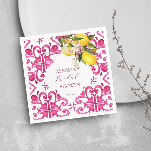 Servilleta De Papel ducha de novia fucsia Majolica magenta baldosas  (Fuchsia Majolica magenta tiles lemons bunch bridal shower tableware personalized Napkins modern)