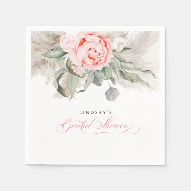 Servilleta De Papel Ducha de novias con flores rosadas y hierbas pampa (Anverso)