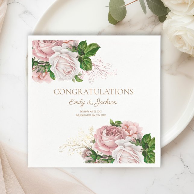 Servilleta De Papel Ducha nupcial de pareja floral rosa Rubor (Blush pink vintage roses Couple's Bridal Shower paper napkins)