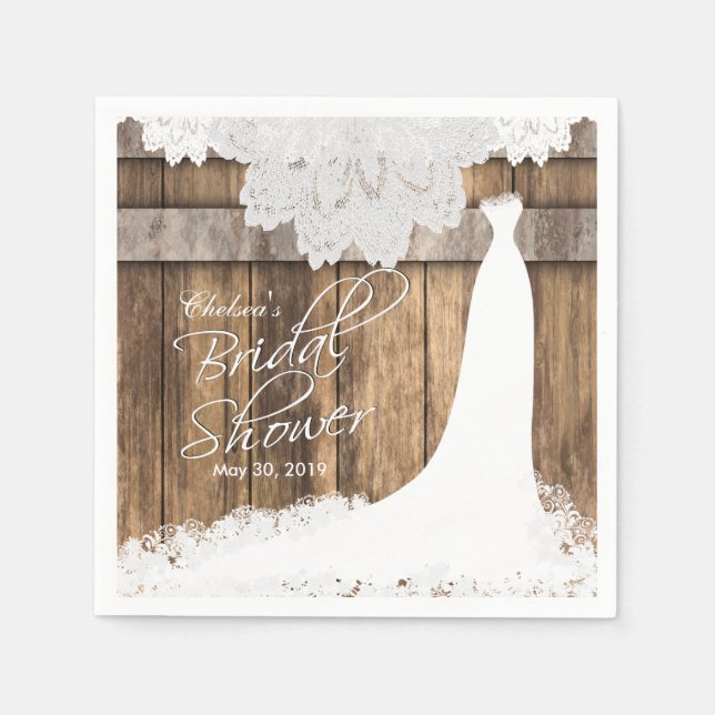 Servilleta De Papel Ducha nupcial en una madera rústica y encaje blanc (Anverso)