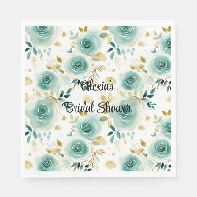 Servilleta De Papel Ducha Nupcial Floral Rosa Verde Menta Oro Blanco (Anverso)