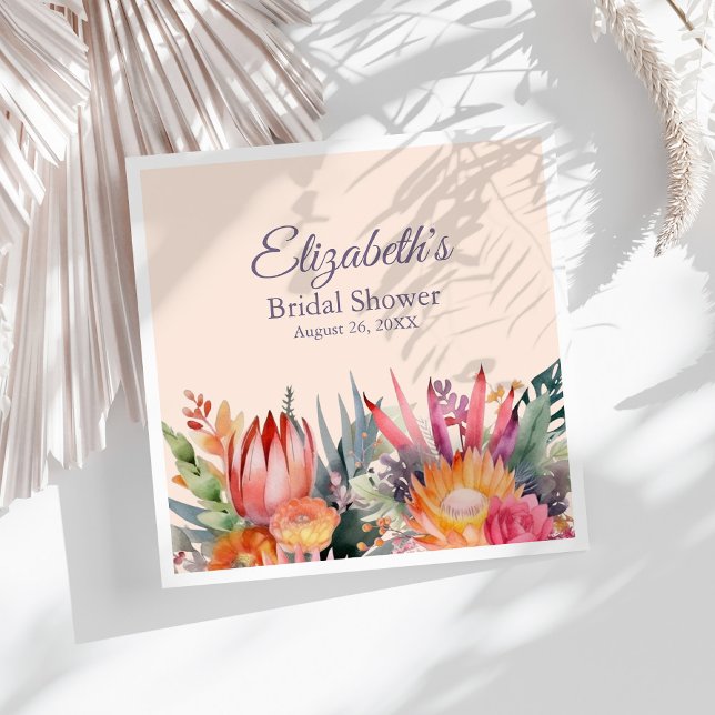 Servilleta De Papel Ducha Nupcial Flores Tropicales Peach Fuzz (Peach Fuzz Tropical Flowers Bridal Shower Napkins on a sunny white table with dry palm leaf.)
