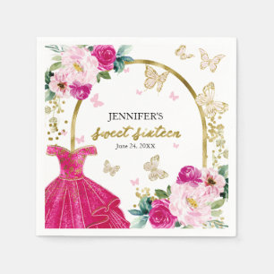 Servilleta De Papel Dulce 16 Floral Vestido rosa caliente Mariposa