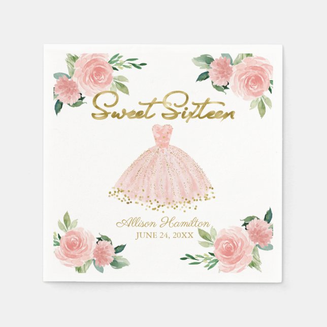 Servilleta De Papel Dulce 16 servilletas Rubor Gown Floral rosa (Anverso)