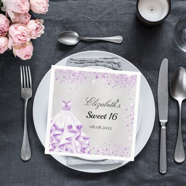 Servilleta De Papel Dulce 16 vestido purpurina púrpura plateado nombre (Subido por el creador)