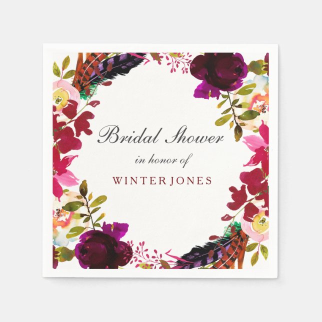 Servilleta De Papel Dulce Borgoña Morado Floral Wreath Bridal Ducha (Anverso)