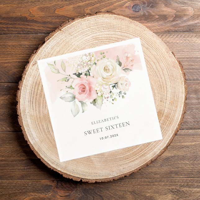 Servilleta De Papel Dulce de Floral Rosa 16 Papel de fiesta de cumplea (Pink Floral Sweet 16th Birthday Typography Paper Napkin)