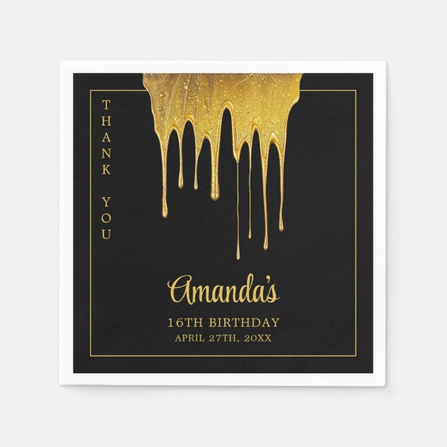 Servilleta De Papel Dulce de lujo negro y oro Purpurina Drip 16 cumple (Anverso)