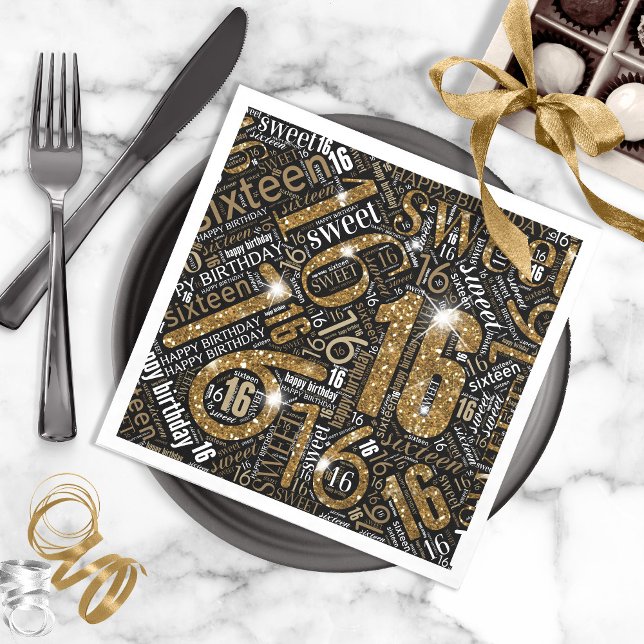 Servilleta De Papel Dulce Dieciséis Sparkle Word Cloud Gold Blk ID265 (Subido por el creador)