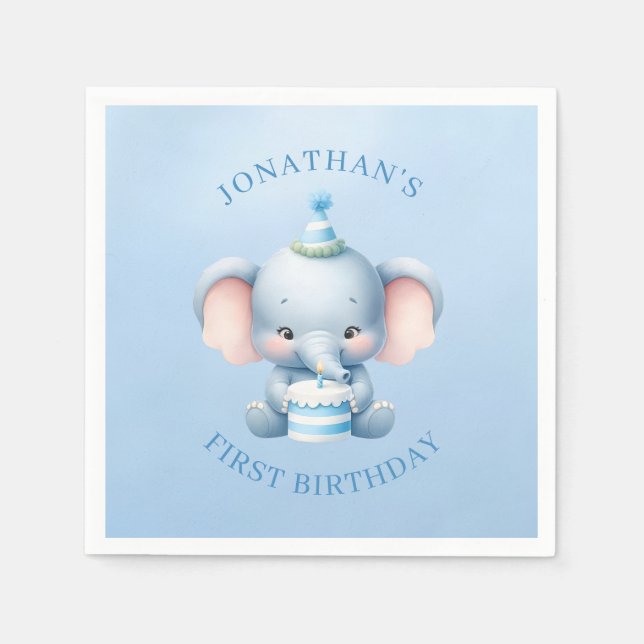 Servilleta De Papel Dulce Elefante Azul cumpleaños (Anverso)