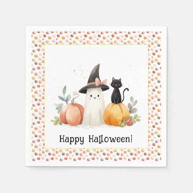 Servilleta De Papel Dulce Fantasma y Gato Negro de Halloween (Anverso)