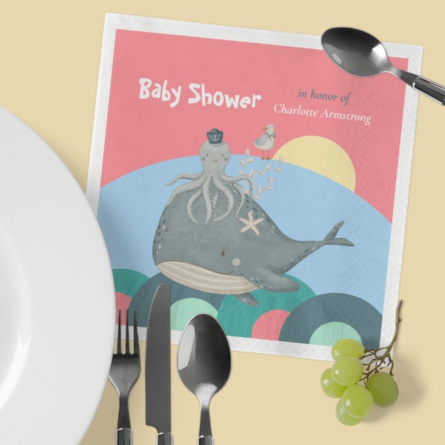 Servilleta De Papel Dulce Fiesta de Bebé Rosa Ballena Calamar Náutico (Cute Pink Nautical Whale Squid Baby Shower Napkins ©Susanne Sachers - Sunny Mind Design 🌞)