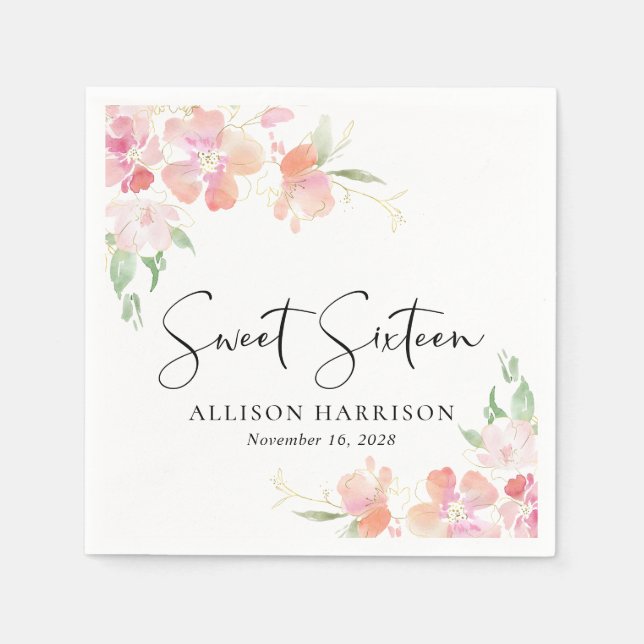 Servilleta De Papel Dulce fiesta de cumpleaños floral rosa 16 (Anverso)