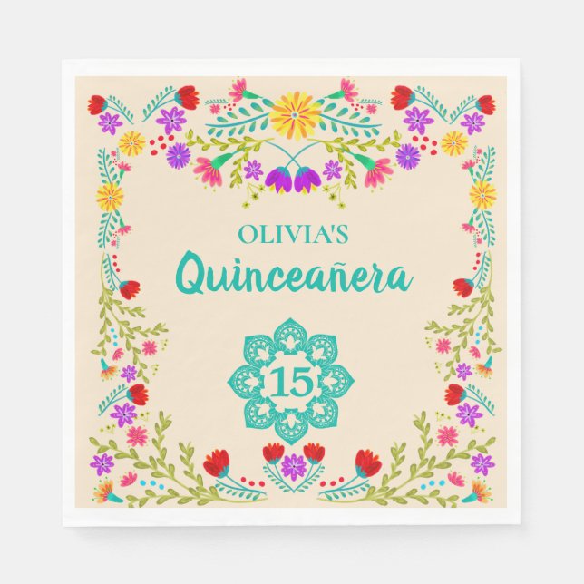 Servilleta De Papel Dulce floral mexicano Quinceanera 15 cumpleaños (Anverso)