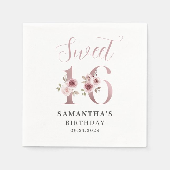 Servilleta De Papel Dulce Floral Rosa 16 Cumpleaños (Anverso)