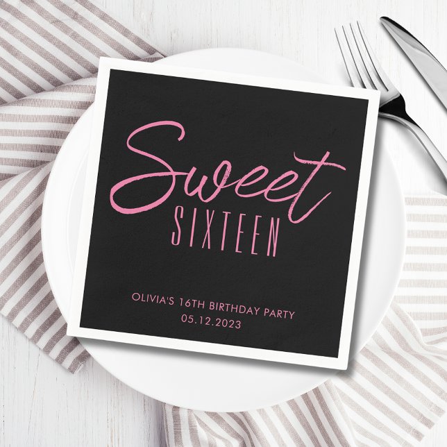 Servilleta De Papel Dulce Moderno Dieciséis Chicas negros rosados 16º  (Sweet Sixteen 16th Sixteenth girls birthday party paper napkins in black & pink. See full range.)