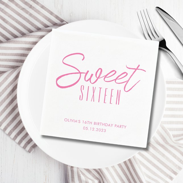 Servilleta De Papel Dulce Moderno Dieciséis Chicas Rosa 16º fiesta (Sweet Sixteen 16th Sixteenth girls birthday party paper napkins in white & pink. See full range.)