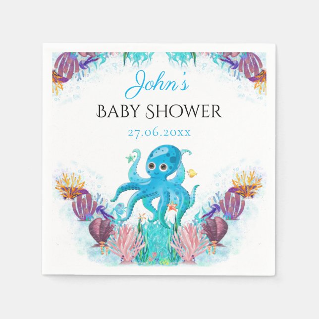 Servilleta De Papel Dulce Octopus Seashells Baby Shower Napkins (Anverso)
